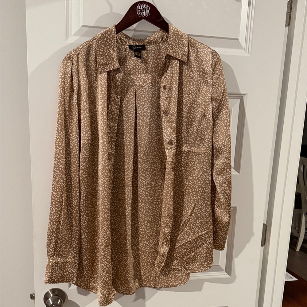 Japna Brown and White Leopard Print Collared Button Up Silky Blouse